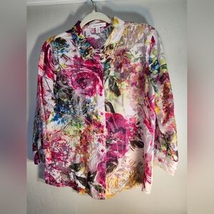 Madison Hill Floral Burst Sheer Colorful 3/4 Sleeve Button Down Shirt Sz L